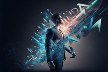  A Man In A Suit And Tie Holding A Knife In His Hand With A Futuristic Background Behind Him And A Star In The Middle Of The Image With A Blue And White Arrow In The., Generative Ai