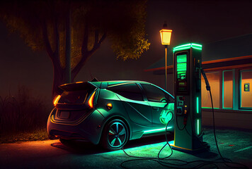 Canvas Print - EV car with Electric charging station charger and blue glowing light stripe. Technology and transportation concept. Generative AI