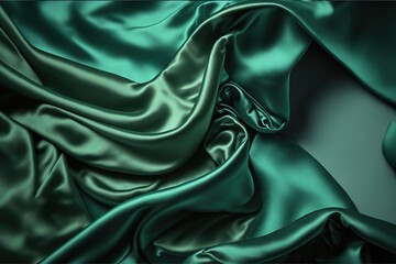 Dark green silk satin background. Beautiful soft folds on the smooth surface of the fabric. Luxury background with copy space for design. Wide banner. Top view. Flat lay