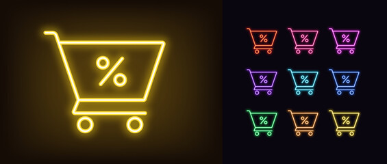 Wall Mural - Outline neon shop cart icon set. Glowing neon shopping trolley with percentage sign, discount offer and sale pictogram. Online shopping, discount price, benefit purchase and saving.