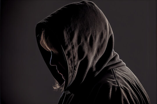 faceless person wearing black hoodie hiding face in shadow, mystery crime conspiracy concept