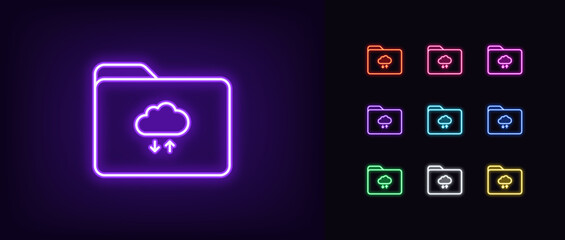 Poster - Outline neon file folder icon set. Glowing neon folder frame with cloud data update arrows. Remote backup folder, cloud storage and network repository for digital document exchange.