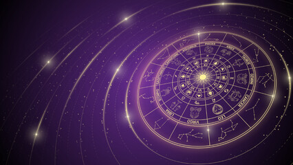 Wheel of Twelve-Sign Stellar Constellation of Zodiac, Glowing Ray of Star Light in Space, Horoscope and Astrology Concept Element for Fortune-Telling, Stellar Backdrop Background Vector Illustration.