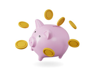 Piggy bank with coins, saving and business investment concept, 3D render illustration