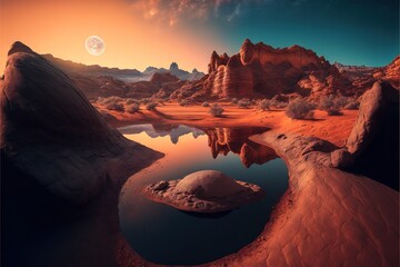 Wall Mural -  a desert landscape with a lake and mountains in the background at sunset or sunrise with a full moon in the sky above the water and a few rocks and a few bushes and a few., generative ai