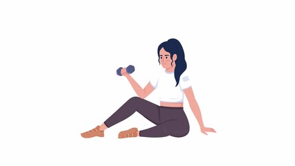 Poster - Animated athletic girl with dumbbell. Physical activity. Full body flat person on white background with alpha channel transparency. Colorful cartoon style HD video footage of character for animation