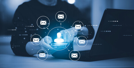 Poster - businessman holding smartphone with communication icons, letter icon, email icons, and newsletter em