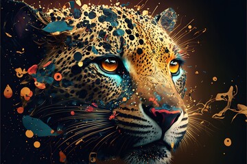 Wall Mural -  a painting of a leopard with blue eyes and yellow eyes and a black background with gold and blue circles and dots and a black background with a gold and blue spot and orange spot,., generative ai