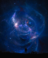 Wall Mural - man, rider silhouette with motorbike standing on grass landscape and colorful fractal nebula. transp