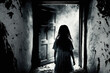 © jr-art - a young girl walks towards an open door, horror, nightmare. Generative AI