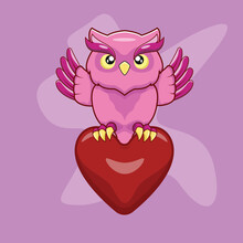 Cute Pink Owl Holding Heart Shape Cartoon Illustration. Flat Cartoon Style Free Vector