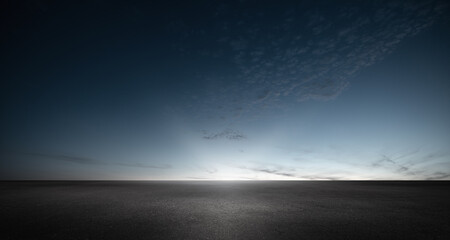 Wall Mural - black asphalt floor background and dark blue night sky sunset horizon with subtle clouds