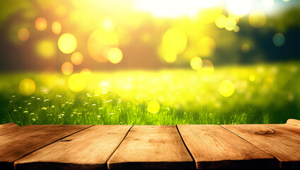 Beautiful spring green meadow bokeh background with empty wooden table for product display, nature blurred background, copy space	