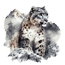 Snow Leopard In The Wilderness Illustration On Isolated Background