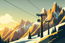 Illustration Of A Cable Car In The Mountains In Winter. Generative AI