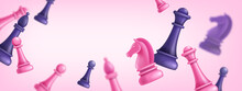 3D Chess Pink Game Background, Vector Tournament Announcement Banner, Queen Gambit, Bishop, Knight. Flying Figure, Pawn, Online Competition Leadership Advertisement. 3D Chess Success Pink Poster