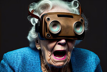 Generative AI image of shocked senior lady shouting while exploring virtual reality