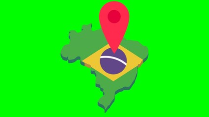 Wall Mural - Looping animation with a red location marker jumping over the 3D map of Brazil in the colors of the Brazilian flag in flat design style on a green background for transparency