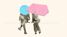 Contemporary Art Collage. Man And Woman With Empty Space Speech Bubbles Reading And Discussing Working News Over Light Background