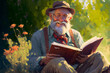 © Giordano Aita - Old man smiling reads a book sitting in the grass - AI generative technology
