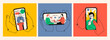 © Dariia - Hands holding a smartphone. People with microphone on screen. Podcast, news, watching video online, talk show, tv application, live streaming, mobile app concept. Hand drawn isolated illustrations set