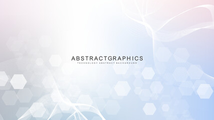 Wall Mural - modern scientific background with hexagons, lines and dots. wave flow abstract background. molecular
