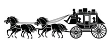 Legend Of Wild Western American Four Wheeled Carriage Or Stagecoach Or Coach Horse With Rider And Passenger And Baggage Drawing In Black And White Vector