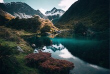 Great Mountains Of New Zealand And Green Lakes. A Lake With Red Flowers In The Foreground And A Variety Of Vegetation