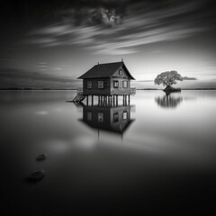 Wall Mural - black and white painting with a house by the sea