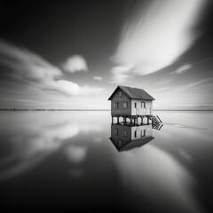Wall Mural - black and white painting with a house by the sea