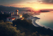 Sochi landscape in Russia. Generative AI Art. Beautiful sunset. Black sea.
