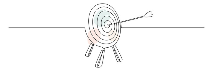Poster - target with arrow continuous line drawing. hand drawn linear goal circle with pastel shapes. vector 
