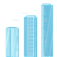 Set Of Three High Blue Skyscrapers In Flat Style Isolated, Modern Architectural Buildings