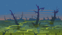 Dark Swamp Landscape With Dead Trees In Fog Around Plants, Terrible Mystical Place, Swamp With Bulrush Plants At Twilight, Disgusting Smelly Mysterious Place Background