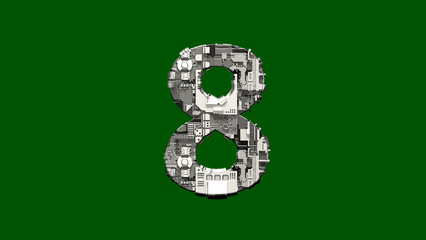 Poster - number 8 - cyber metal scrap alphabet on chroma key screen, isolated - object 3D illustration