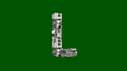 Poster - letter L - cyber scrap metal alphabet on green screen, isolated - object 3D rendering