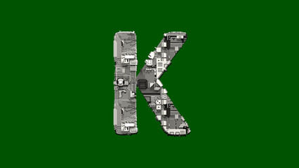 Poster - letter K - cyber metal scrap font on green screen, isolated - object 3D illustration