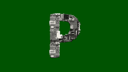 Poster - letter P - cyber metal scrap font on green screen, isolated - object 3D rendering