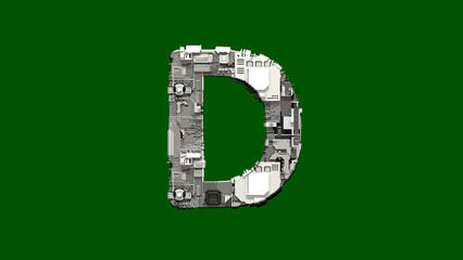 Poster - letter D - cyber scrap metal alphabet on chroma key screen, isolated - object 3D rendering