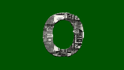 Poster - letter O - cyber scrap metal alphabet on chroma key screen, isolated - object 3D rendering