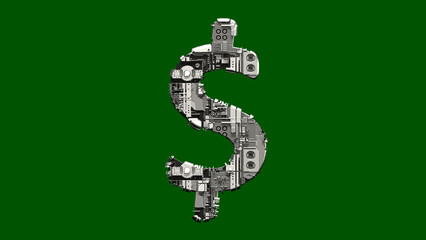 Poster - dollar - peso sign - cyber scrap metal alphabet on chroma key screen, isolated - object 3D rendering
