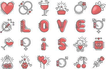 Love icons set. The line black and red symbols collection for wedding, engagement, anniversary events and more.