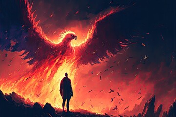 Canvas Print - The man looking at the phoenix bird flying above him. Digital art style illustration painting. Generative AI