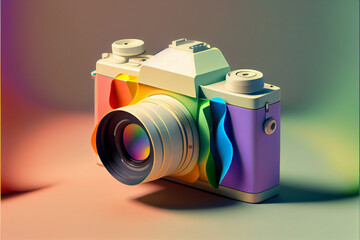 Poster - Beautiful Camera  tape in neon light. Minimalism retro style concept. 80s. Background pattern for design