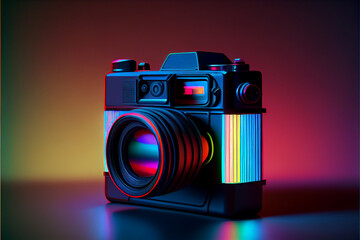 Poster - Beautiful abstract Camera in neon lights . Generative AI technology 