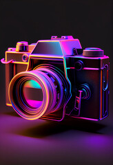 Poster - Beautiful abstract Camera in neon lights . Generative AI technology 
