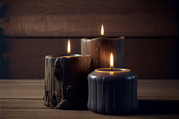 Poster - Beautiful black candles on wooden background. Generative AI technology 