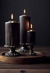 Poster - Beautiful black candles on wooden background. Generative AI technology 