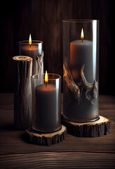 Poster - Beautiful black candles on wooden background. Generative AI technology 