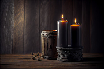 Poster - Beautiful black candles on wooden background. Generative AI technology 